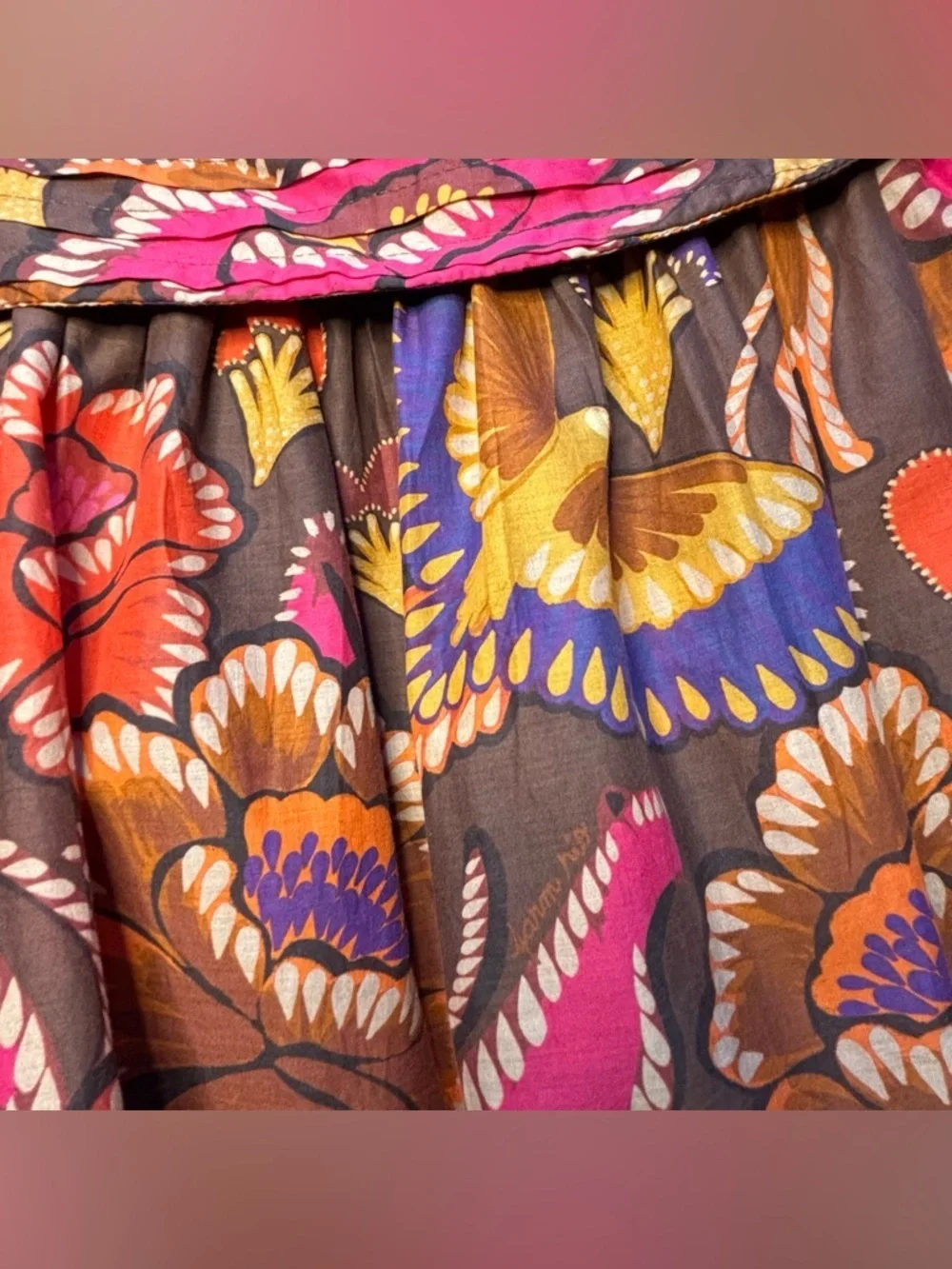 FARM Rio Bright Flora Brown Mini Skirt Size Large NWOT Boho Floral Ruffle